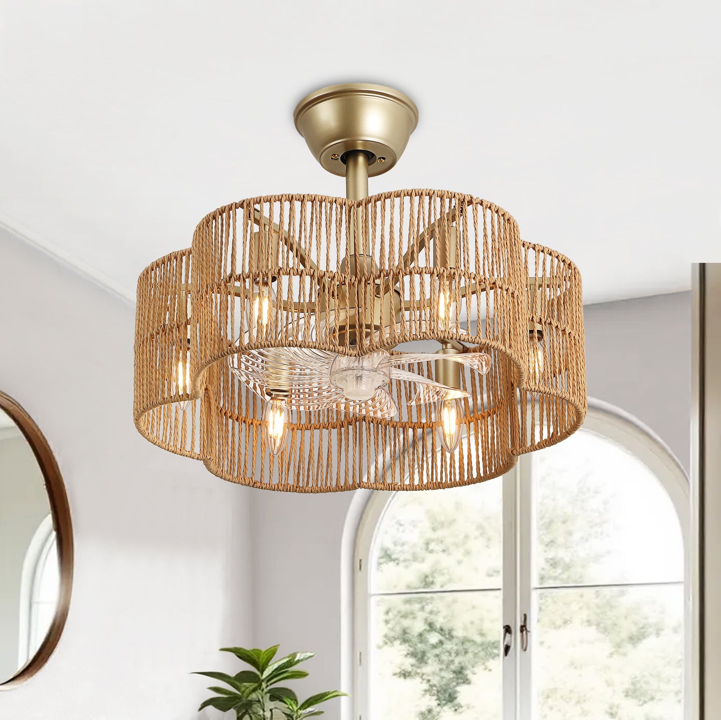 Ceiling Fan 20" 7-Blade 6-Light Modern Gold Brown Fandelier