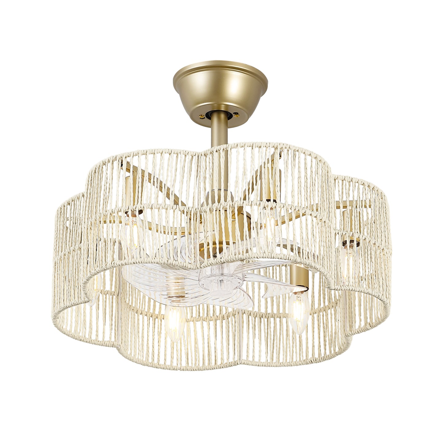 20" Rattan Fandelier Ceiling Fan with Light and Remote – Gold and White Semi Flush Mount