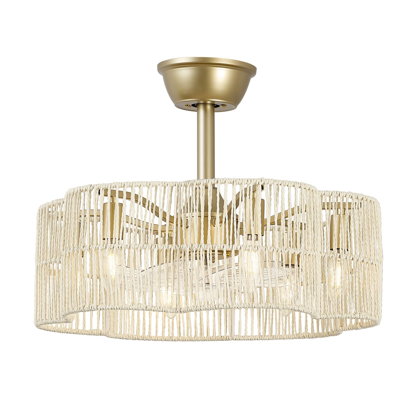 20" Rattan Fandelier Ceiling Fan with Light and Remote – Gold and White Semi Flush Mount