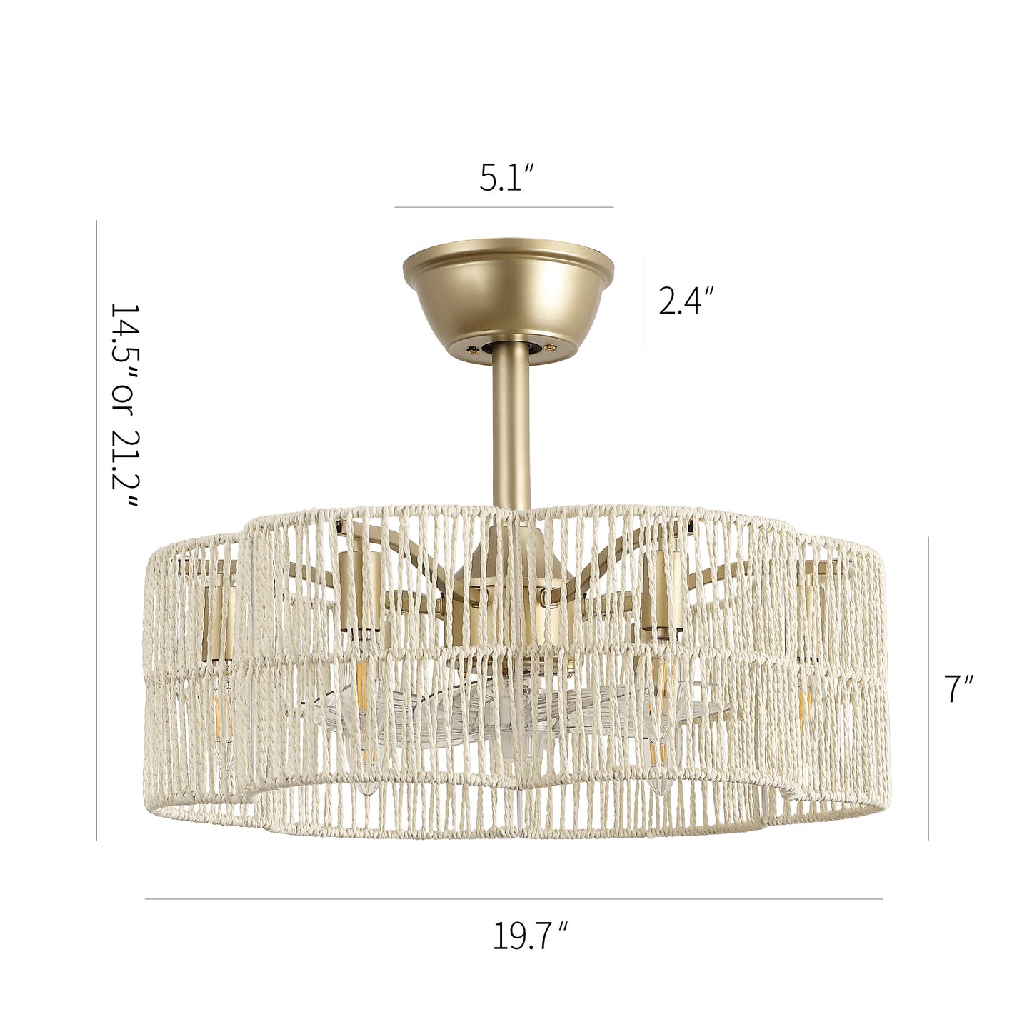 20" Rattan Fandelier Ceiling Fan with Light and Remote – Gold and White Semi Flush Mount