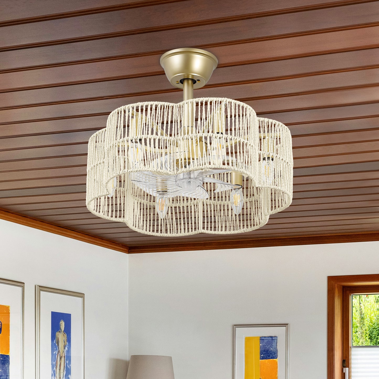 20" Rattan Fandelier Ceiling Fan with Light and Remote – Gold and White Semi Flush Mount