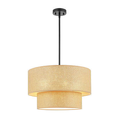 20" Rattan Chandelier 4-Light Black and Natural – Modern Boho Woven Pendant Light