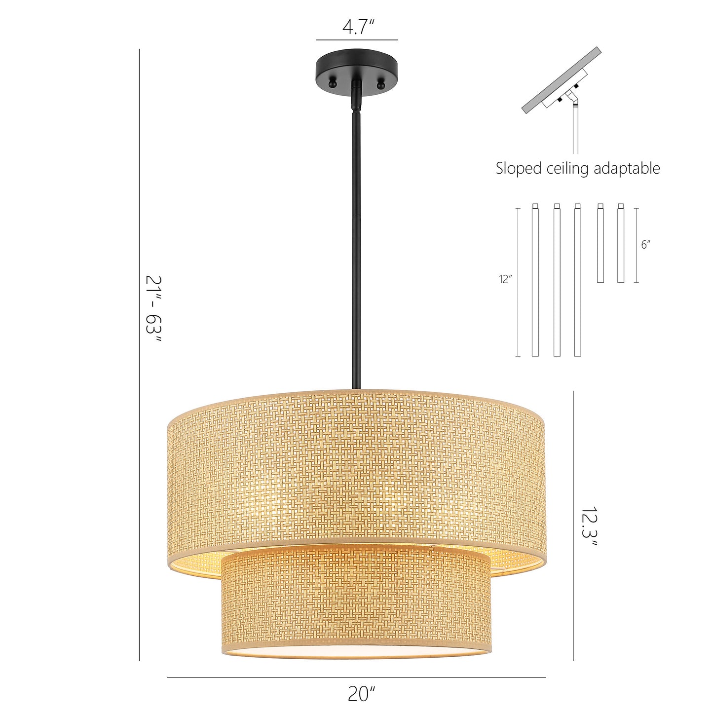 20" Rattan Chandelier 4-Light Black and Natural – Modern Boho Woven Pendant Light