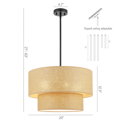 20" Rattan Chandelier 4-Light Black and Natural – Modern Boho Woven Pendant Light