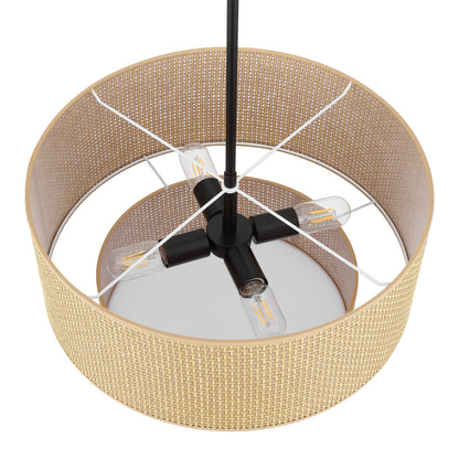 20" Rattan Chandelier 4-Light Black and Natural – Modern Boho Woven Pendant Light