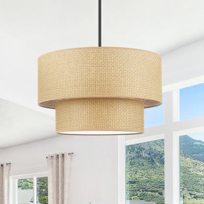 20" Rattan Chandelier 4-Light Black and Natural – Modern Boho Woven Pendant Light