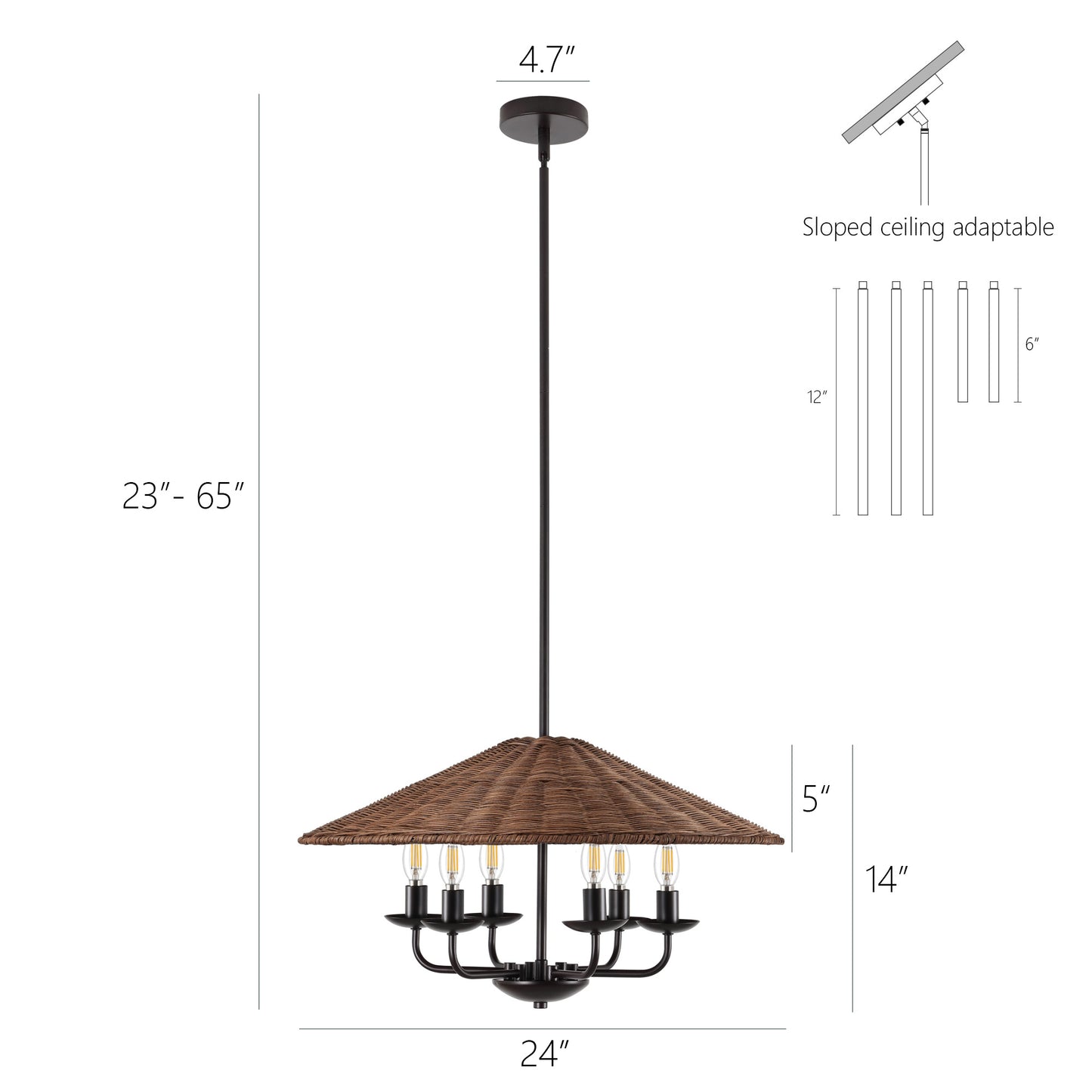 24" Rattan Farmhouse Chandelier 6-Light – Boho Bamboo Woven Pendant in Dark Brown