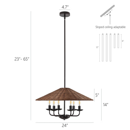 24" Rattan Farmhouse Chandelier 6-Light – Boho Bamboo Woven Pendant in Dark Brown
