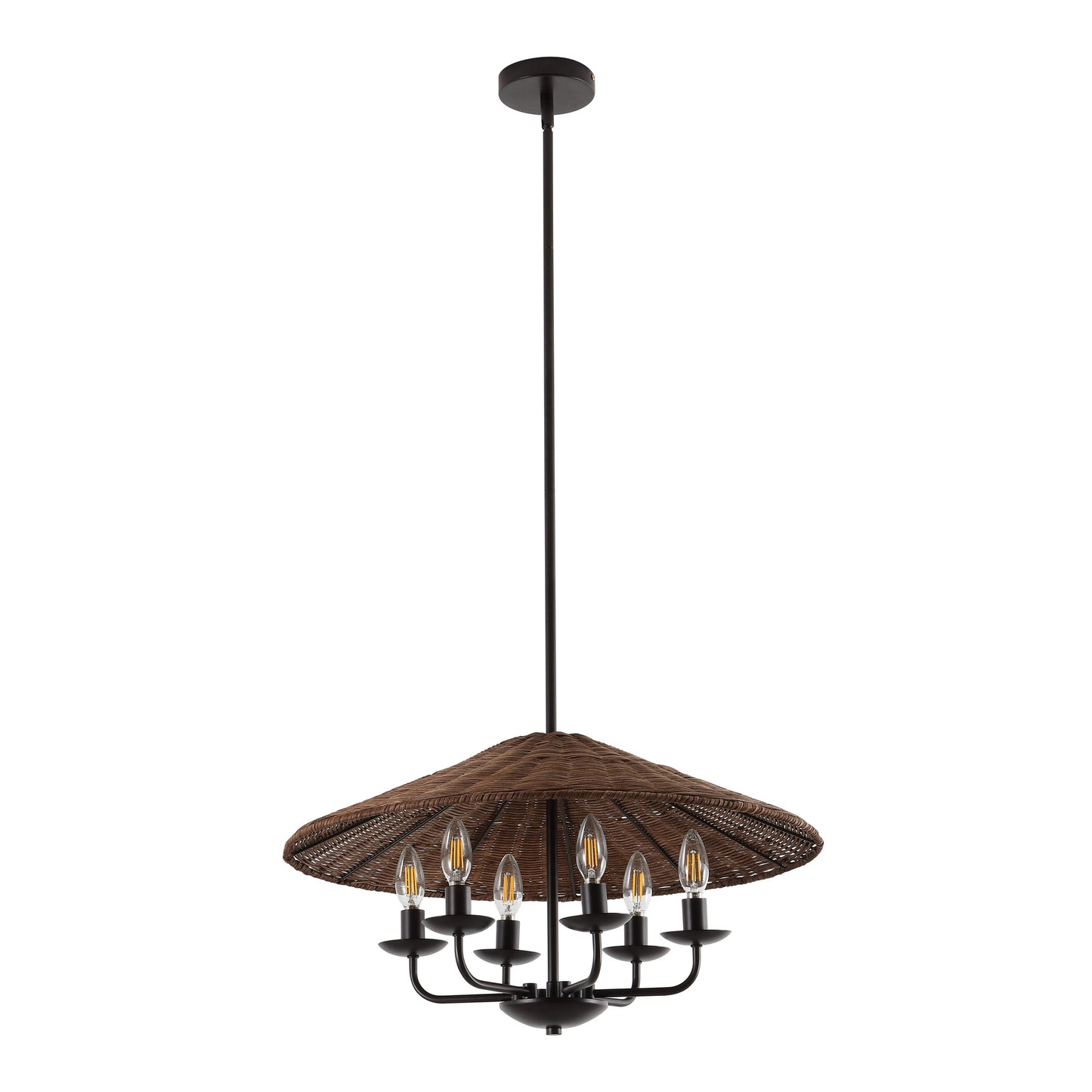 24" Rattan Farmhouse Chandelier 6-Light – Boho Bamboo Woven Pendant in Dark Brown