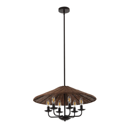 24" Rattan Farmhouse Chandelier 6-Light – Boho Bamboo Woven Pendant in Dark Brown
