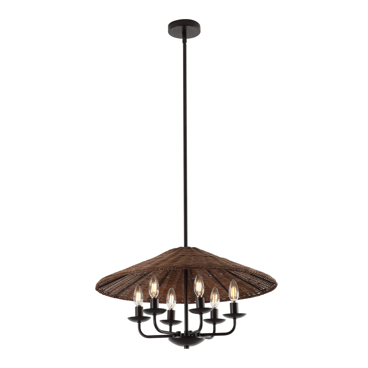 24" Rattan Farmhouse Chandelier 6-Light – Boho Bamboo Woven Pendant in Dark Brown