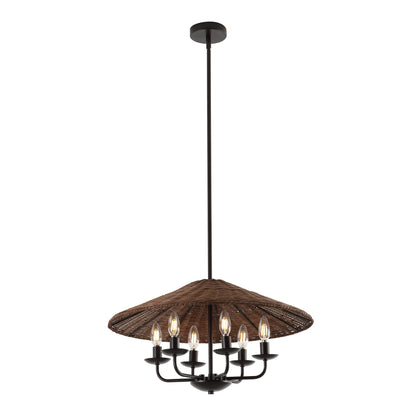 24" Rattan Farmhouse Chandelier 6-Light – Boho Bamboo Woven Pendant in Dark Brown