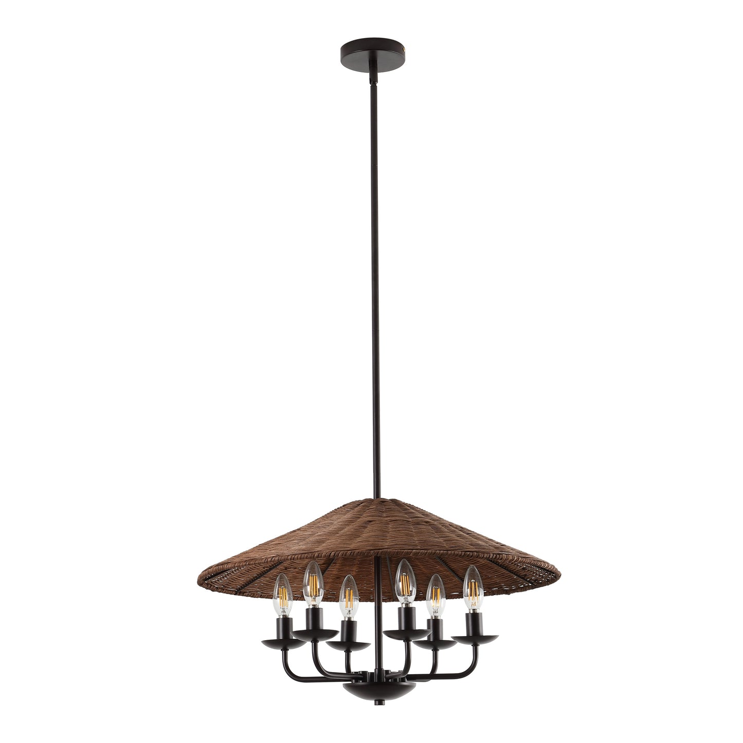 24" Rattan Farmhouse Chandelier 6-Light – Boho Bamboo Woven Pendant in Dark Brown