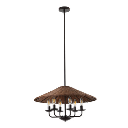 24" Rattan Farmhouse Chandelier 6-Light – Boho Bamboo Woven Pendant in Dark Brown