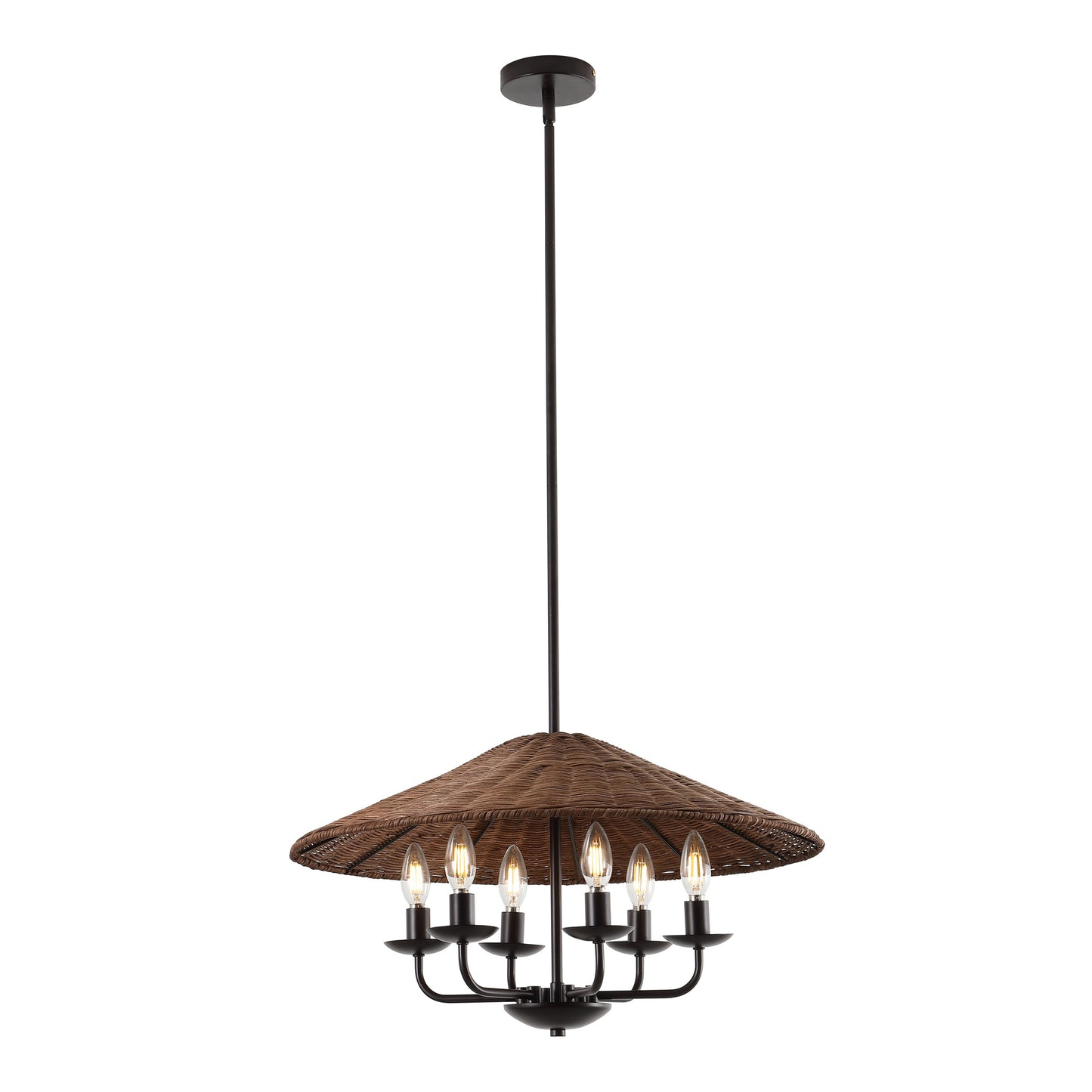 24" Rattan Farmhouse Chandelier 6-Light – Boho Bamboo Woven Pendant in Dark Brown
