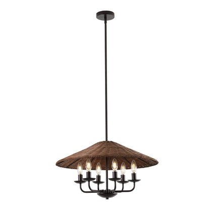 24" Rattan Farmhouse Chandelier 6-Light – Boho Bamboo Woven Pendant in Dark Brown
