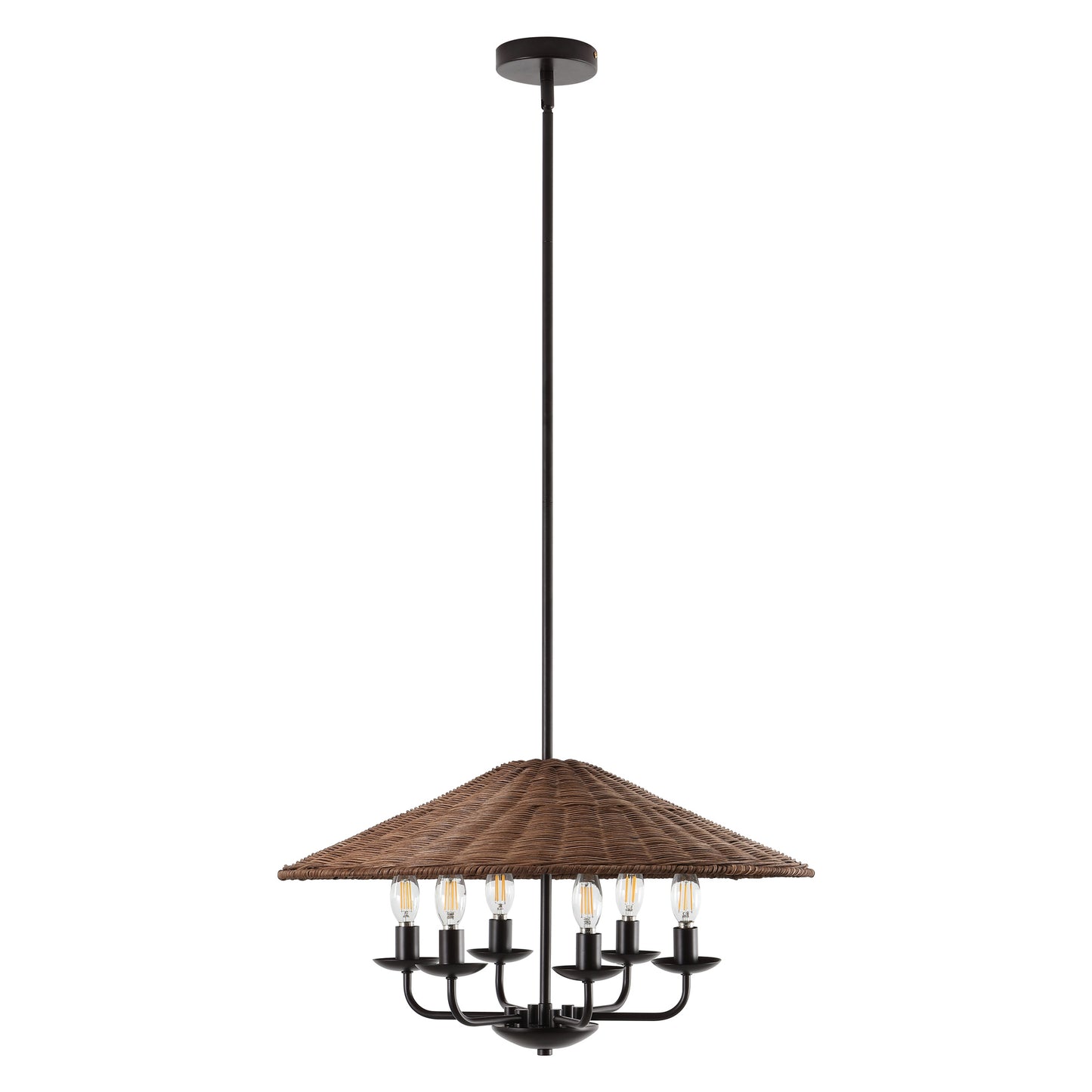 24" Rattan Farmhouse Chandelier 6-Light – Boho Bamboo Woven Pendant in Dark Brown