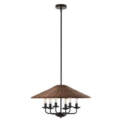 24" Rattan Farmhouse Chandelier 6-Light – Boho Bamboo Woven Pendant in Dark Brown