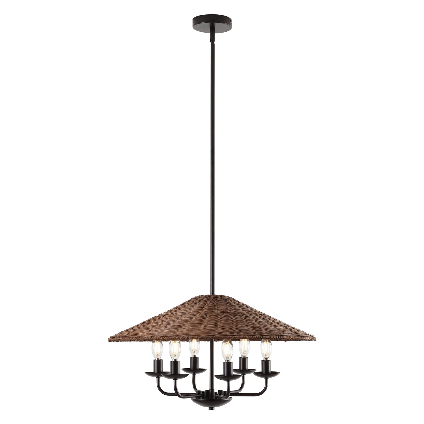 24" Rattan Farmhouse Chandelier 6-Light – Boho Bamboo Woven Pendant in Dark Brown
