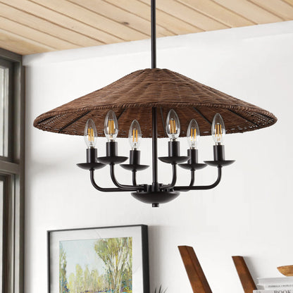 24" Rattan Farmhouse Chandelier 6-Light – Boho Bamboo Woven Pendant in Dark Brown