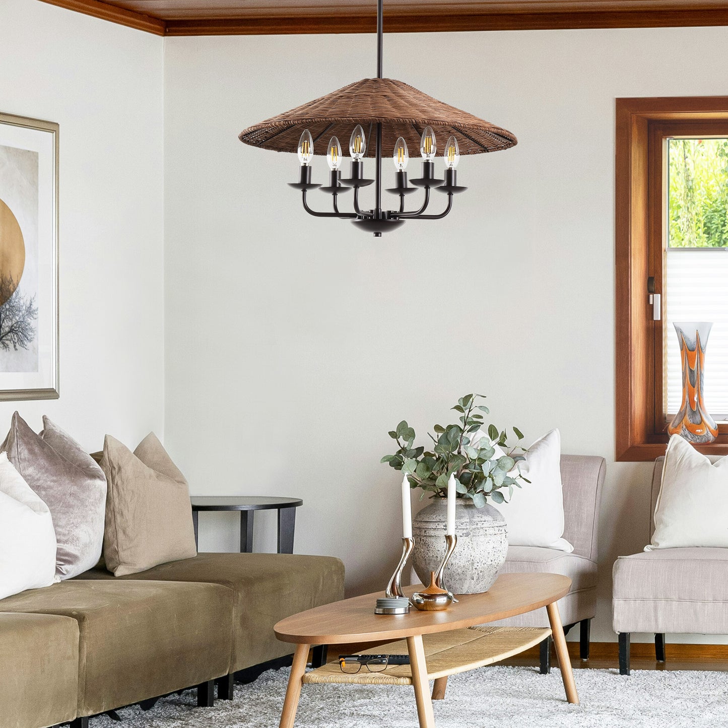 24" Rattan Farmhouse Chandelier 6-Light – Boho Bamboo Woven Pendant in Dark Brown