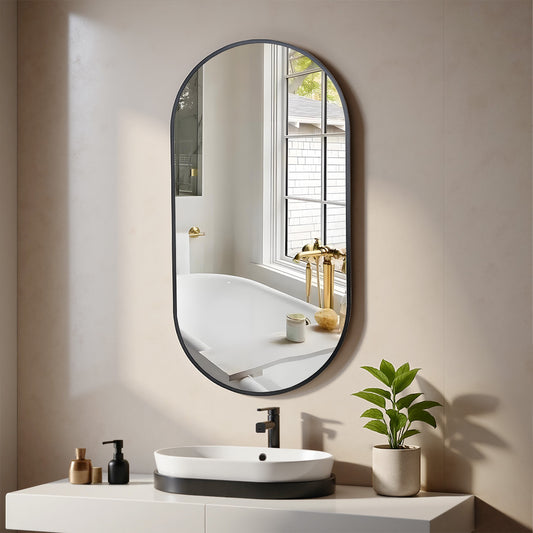 Wall Mirror 20x40" Modern Matte Black Framed Oval