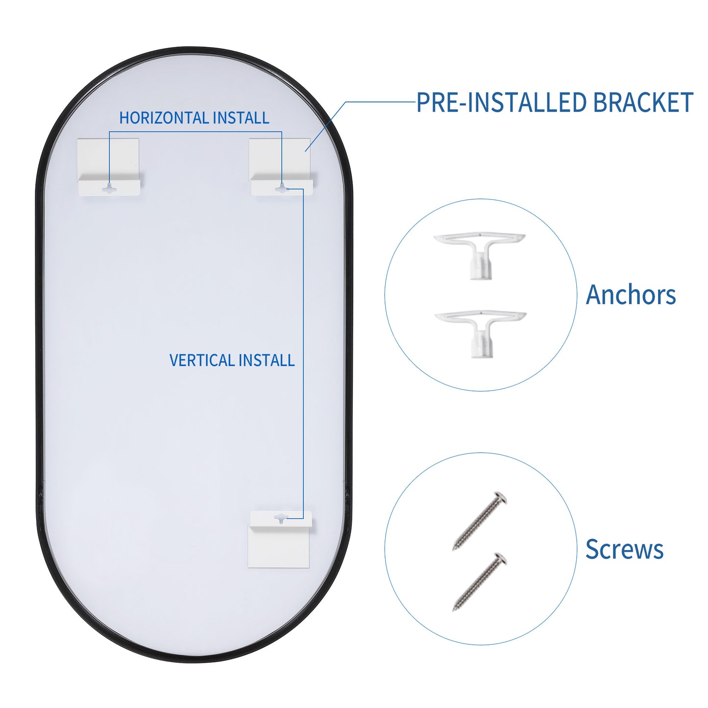 Wall Mirror 20x40" Modern Matte Black Framed Oval