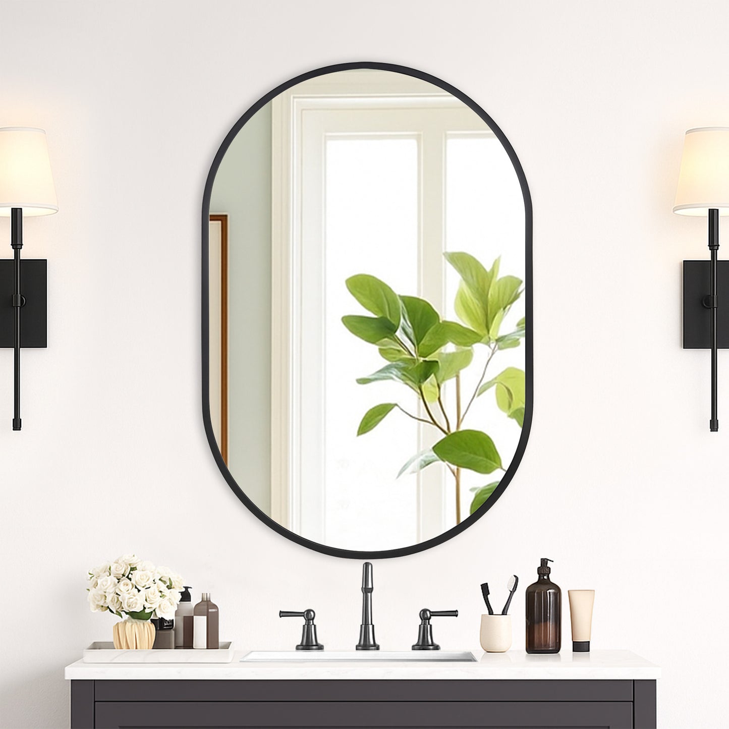 Wall Mirror 24x36" Modern Matte Black Framed Oval