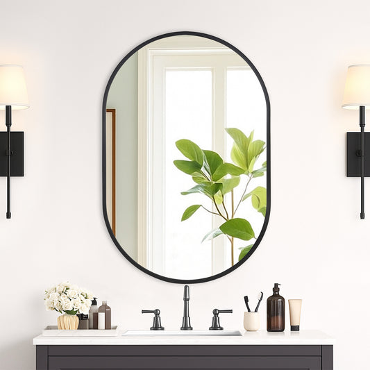 Wall Mirror 24x36" Modern Matte Black Framed Oval