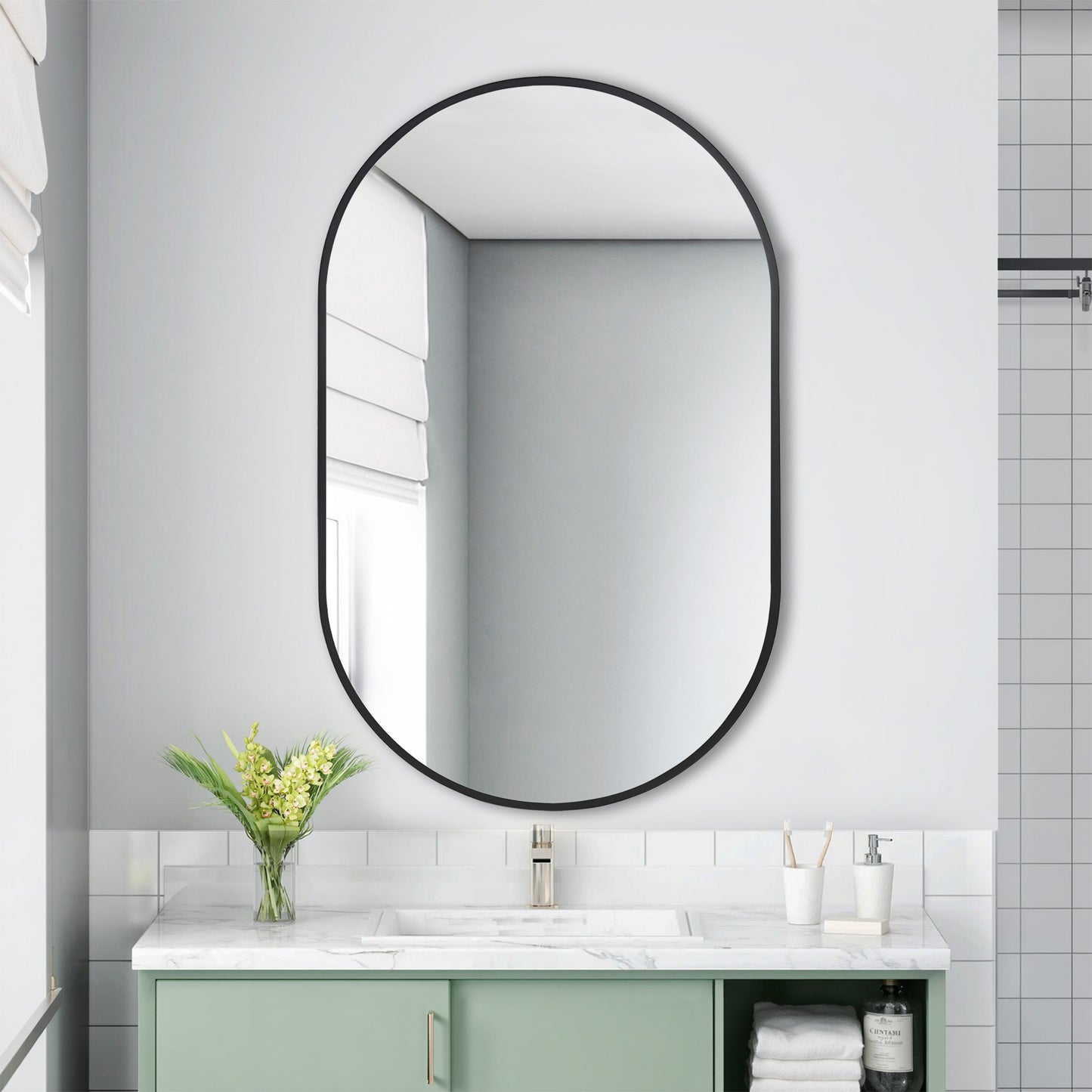 Wall Mirror 30x48" Modern Matte Black Framed Oval