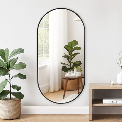 Wall Mirror 30x60" Modern Matte Black Framed Oval