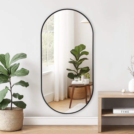 Wall Mirror 30x60" Modern Matte Black Framed Oval