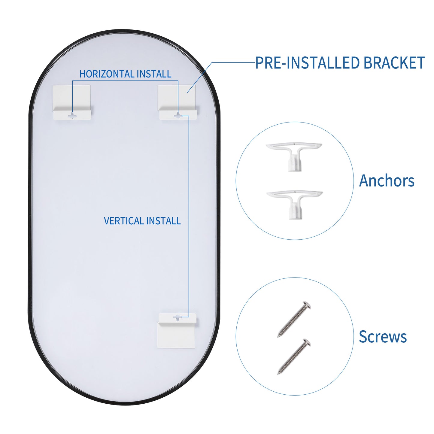 Wall Mirror 30x60" Modern Matte Black Framed Oval