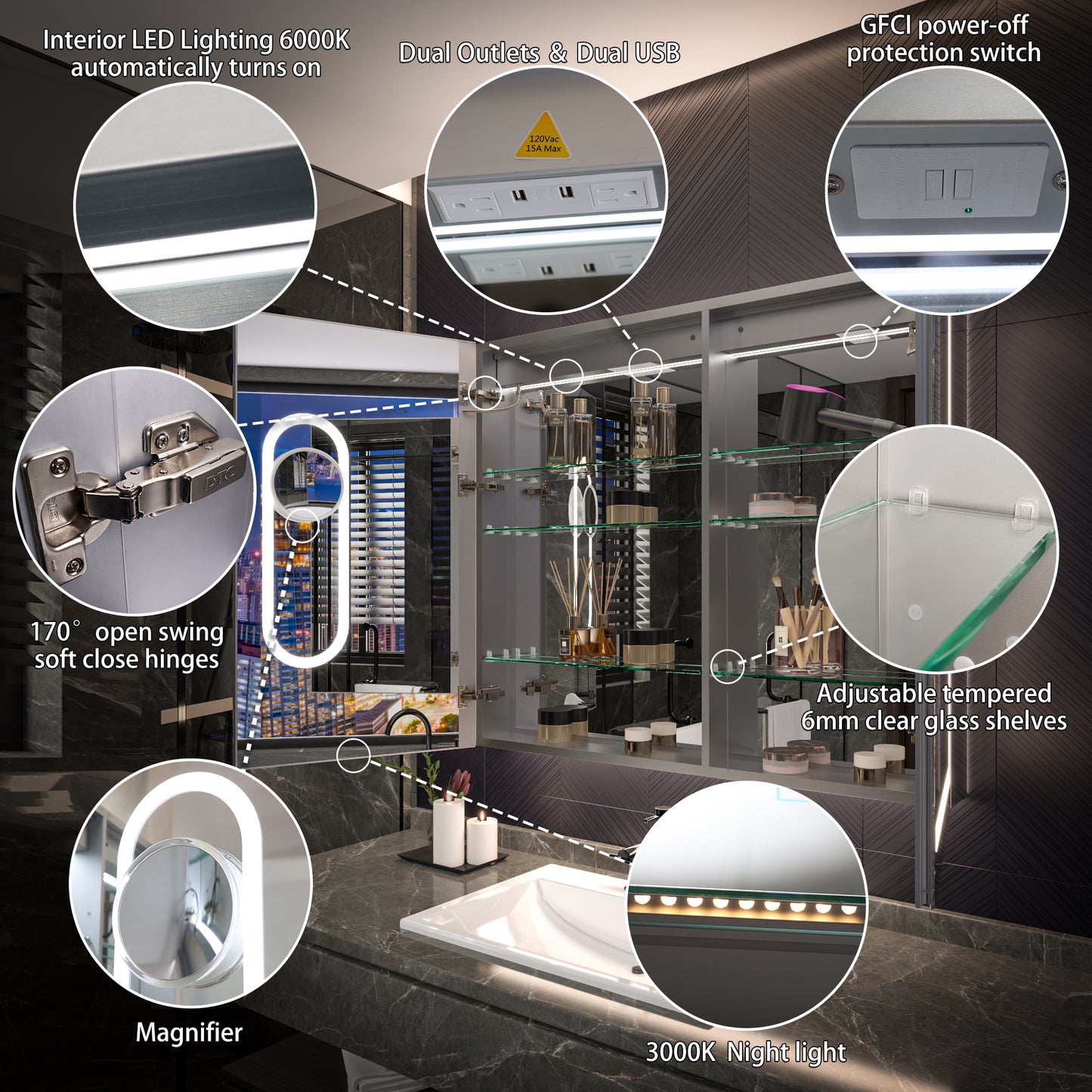 42" x 36" LED Medicine Cabinet Mirror – Anti-Fog, Dimmable, Recessed or Surface Mount, Magnifier