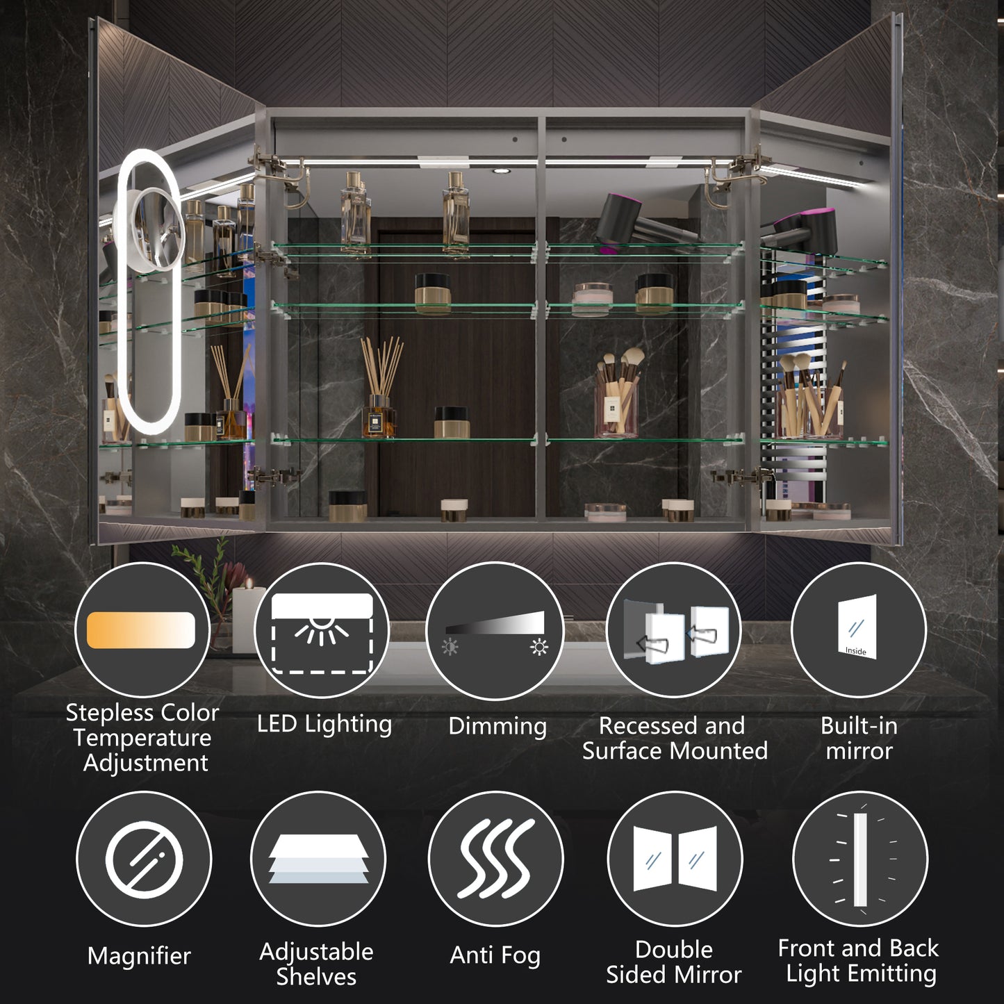 42" x 36" LED Medicine Cabinet Mirror – Anti-Fog, Dimmable, Recessed or Surface Mount, Magnifier