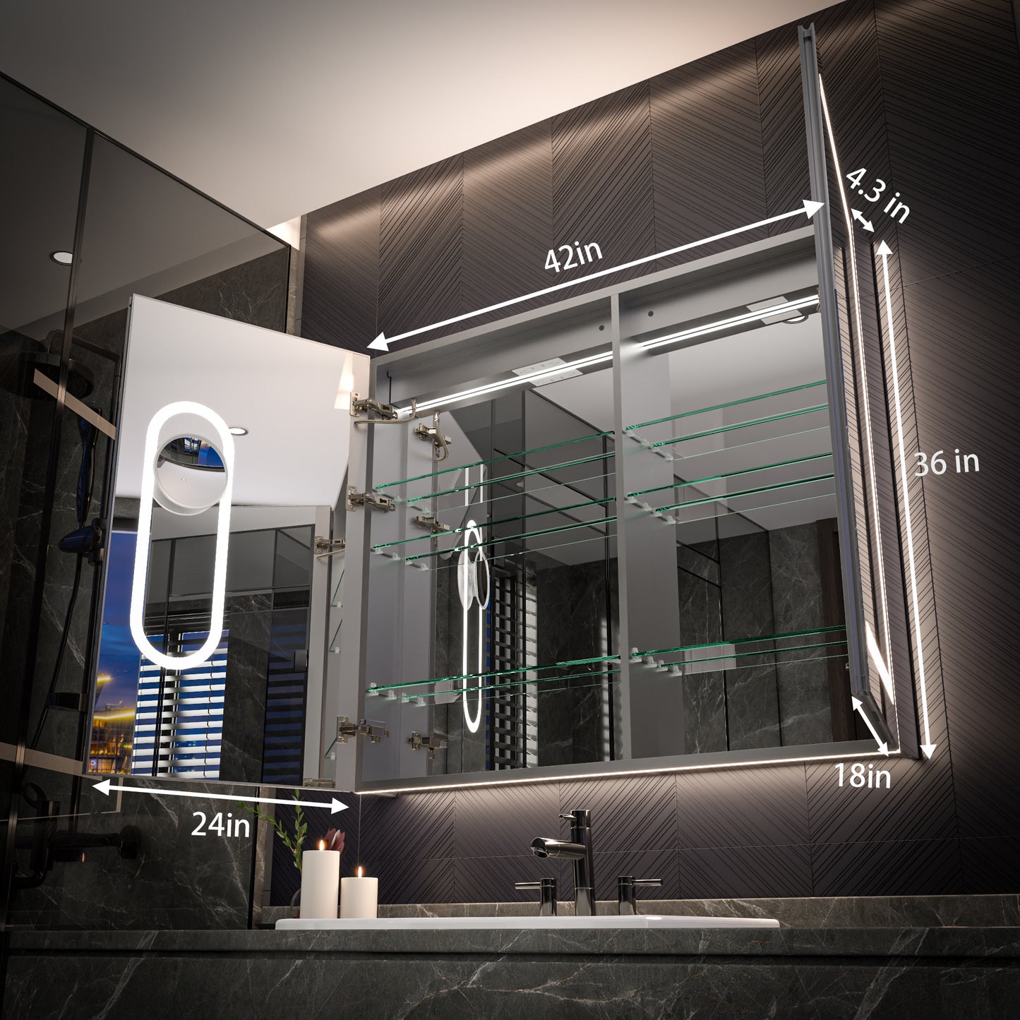 42" x 36" LED Medicine Cabinet Mirror – Anti-Fog, Dimmable, Recessed or Surface Mount, Magnifier
