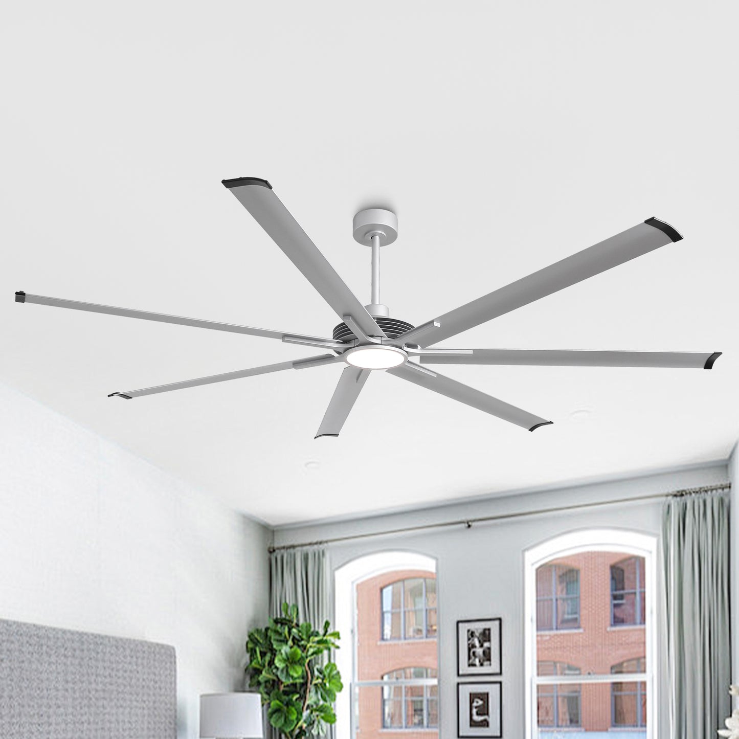 Ceiling Fan Industrial 100" Modern Silver 7-Blade LED Light