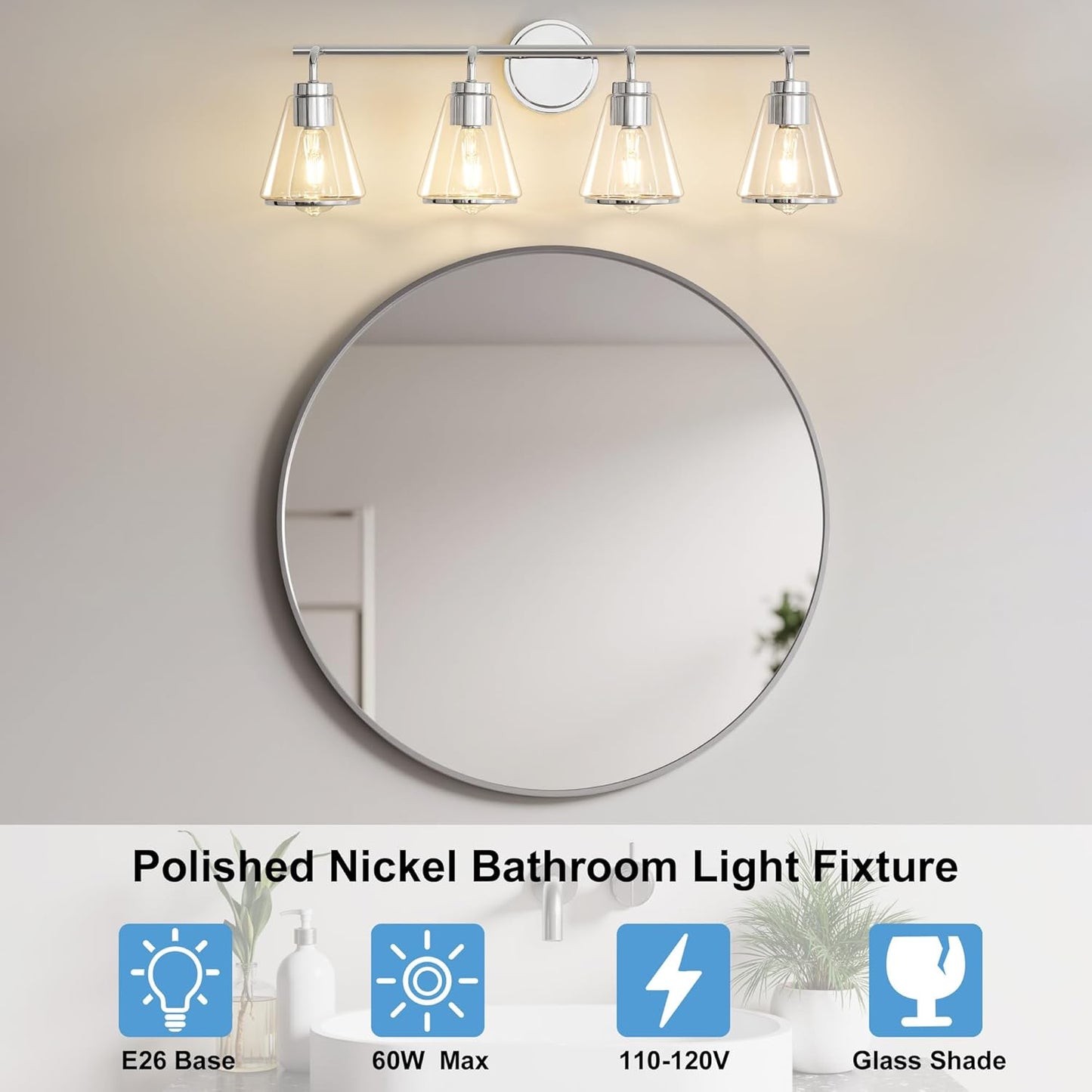 4-Light Chrome Bathroom Vanity Light with Clear Glass – Modern Wall Light Fixture