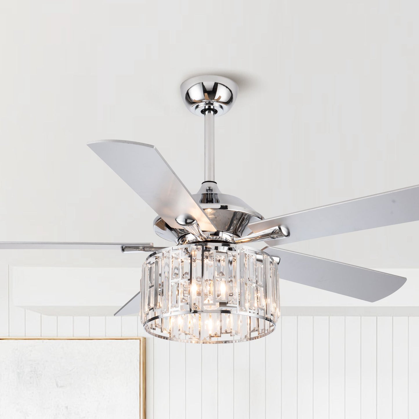 52" Crystal Ceiling Fan with Light & Remote – Chrome 5-Blade, DC Motor, Large Room
