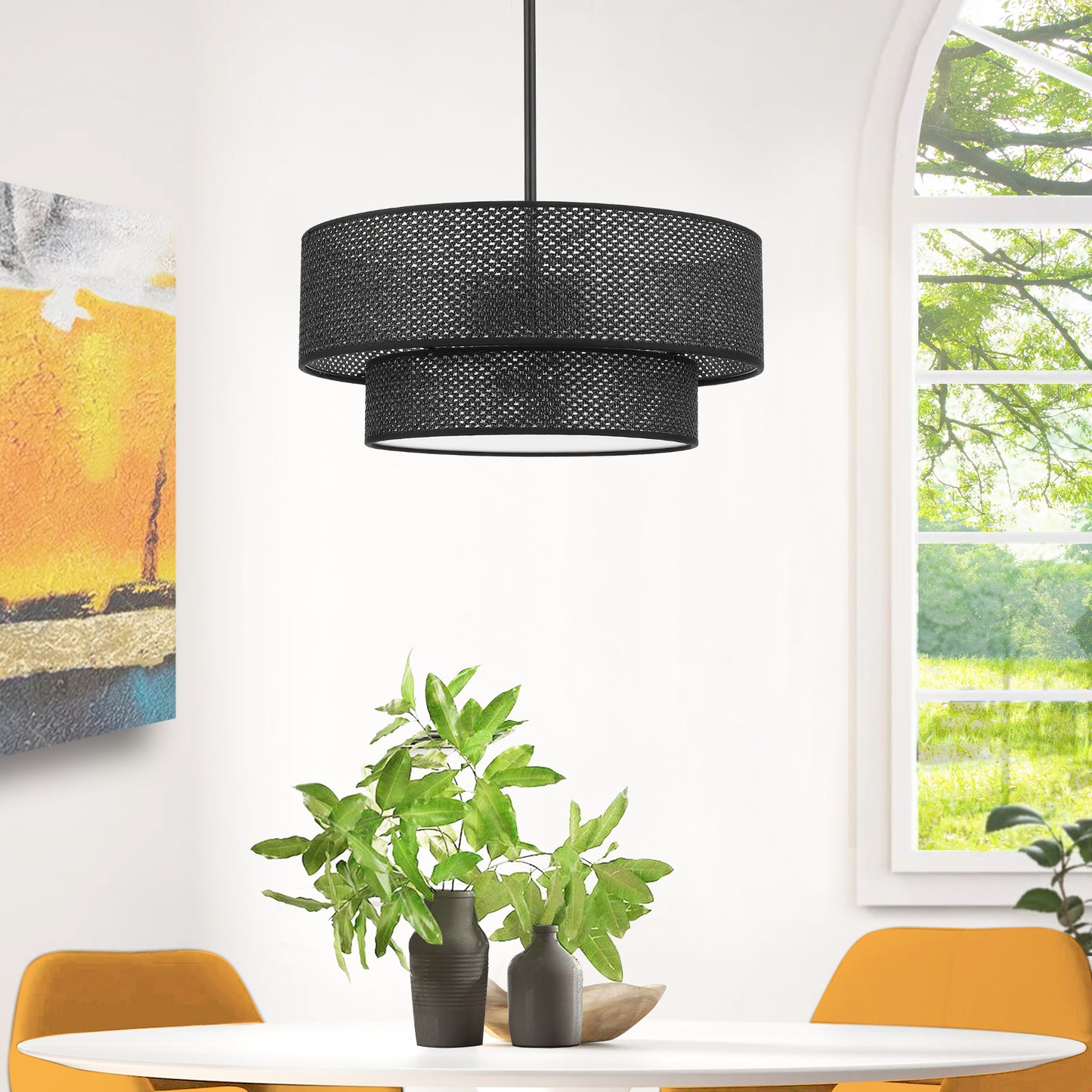 Modern Chandelier 18" 4-Light Black Woven Rattan Shade