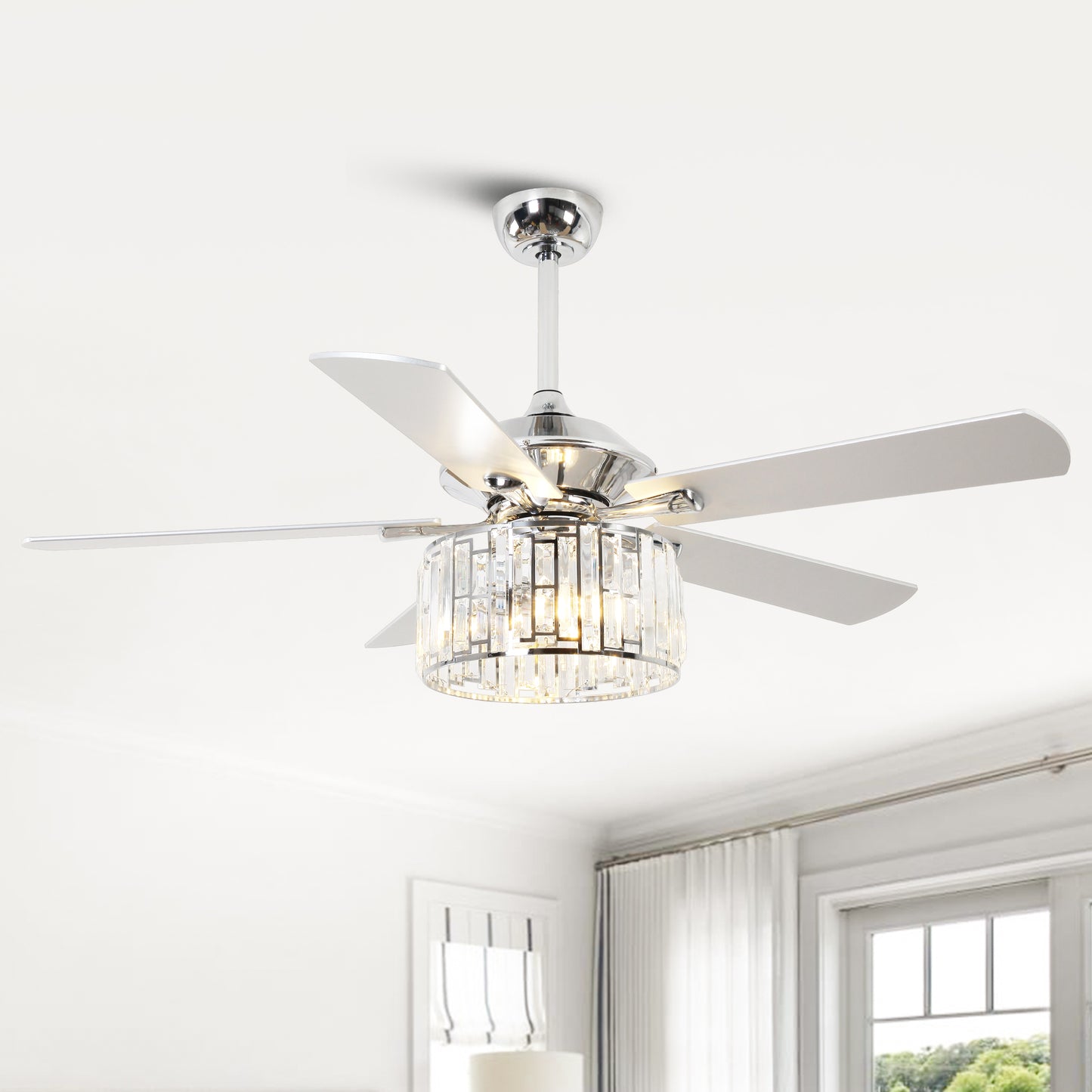 52" Crystal Ceiling Fan with Light & Remote – Chrome 5-Blade, DC Motor, Large Room