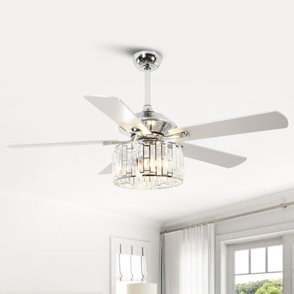52" Crystal Ceiling Fan with Light & Remote – Chrome 5-Blade, DC Motor, Large Room