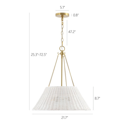 Farmhouse Chandelier 22" 3-Light Brass White Rattan Shade