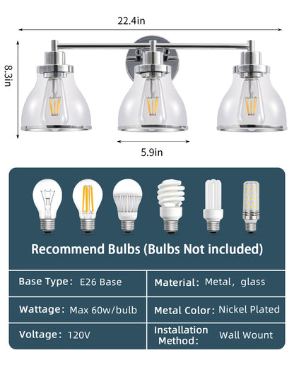 Hermosa Polished Nickel 3-Light Bathroom Vanity Light