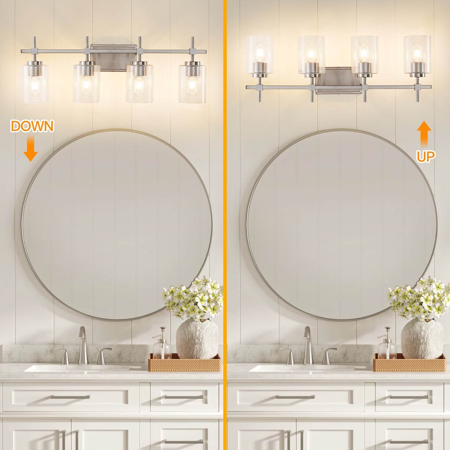 4-Light Brushed Nickel Vanity Light – Modern Bathroom Wall Light with Ribbed Glass