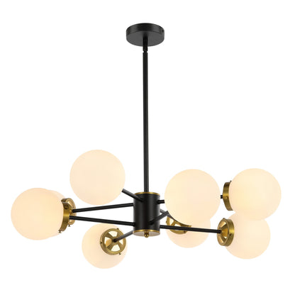 Modern Chandelier Sputnik Black Brass 8-Light Opal Glass 32"