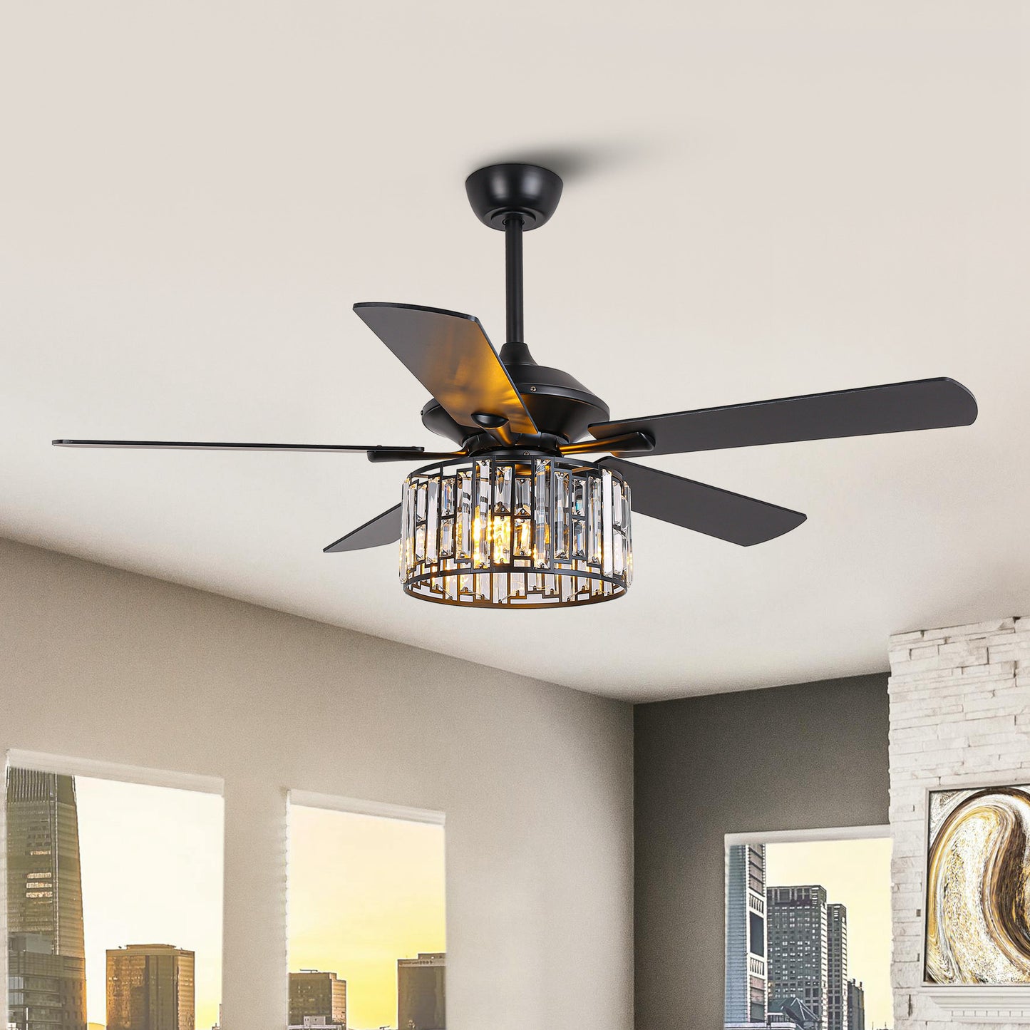 52" Crystal Ceiling Fan with Light & Remote – Black 5-Blade, DC Motor, Large Room
