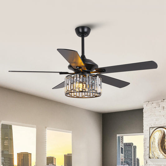 52" Crystal Ceiling Fan with Light & Remote – Black 5-Blade, DC Motor, Large Room