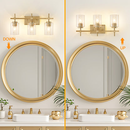 Vanity Light 3-Light Gold Bathroom with Ribbed Clear Glass