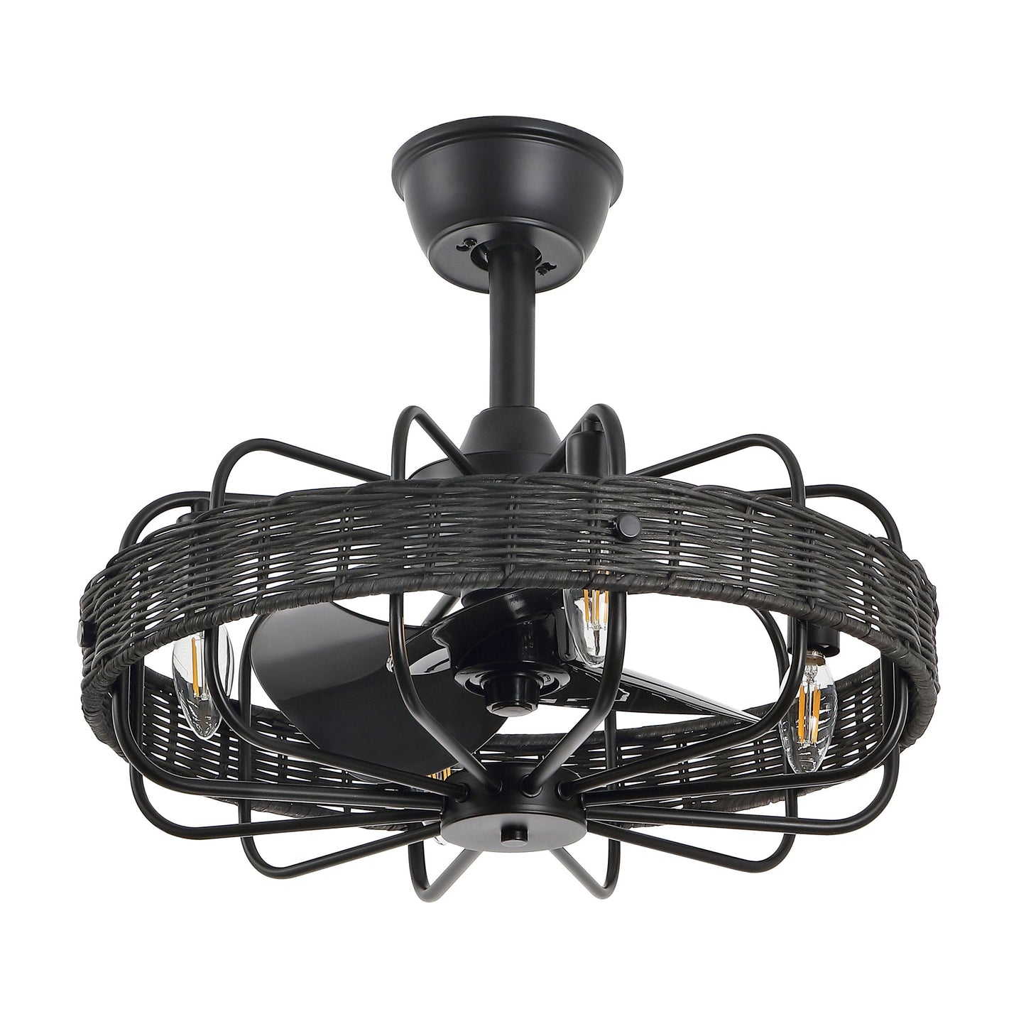 18" Black Rattan Fandelier Ceiling Fan with Light – Semi Flush Mount with Remote